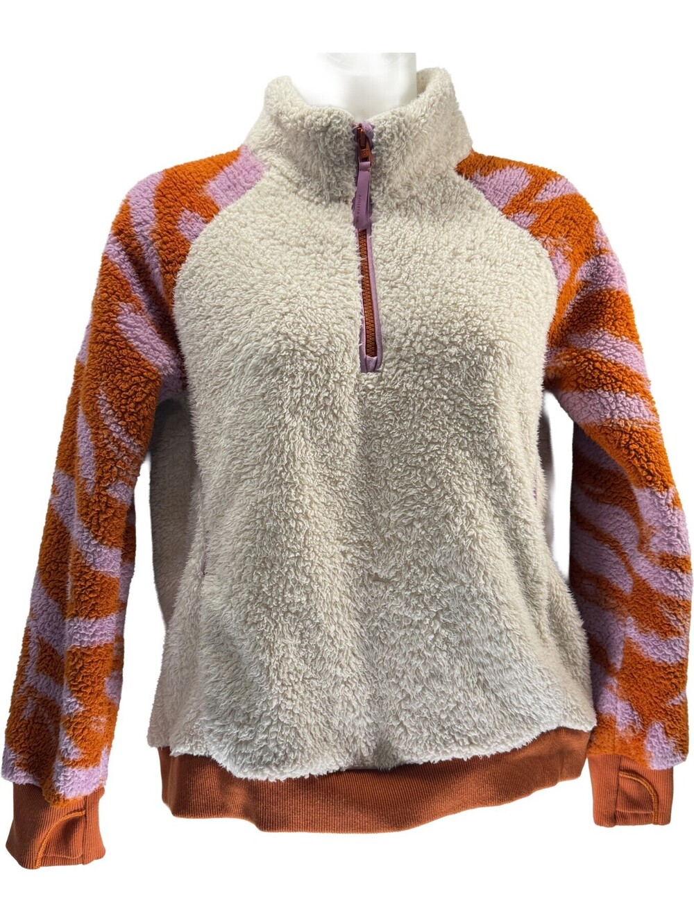 Athleta Girl So Snug Sherpa Half Zip Pullover Orange Purple Tiger Stripe Sz L/12